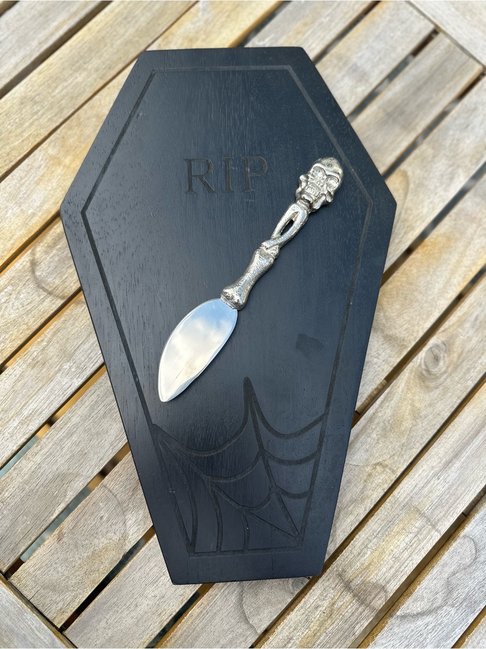 Halloween Black Coffin Serving Board with Silver Skull Spreader